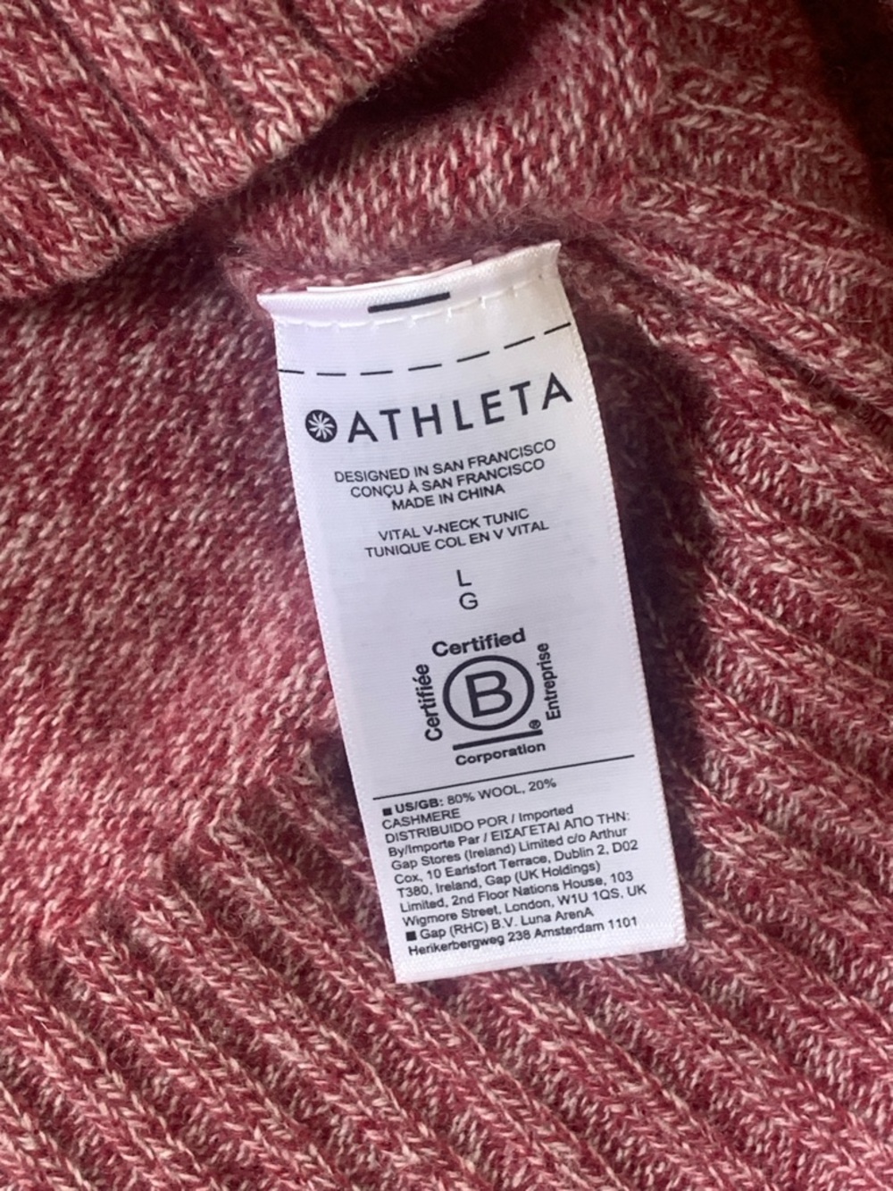 Athleta Vital V-Neck Tunic Sweater L Red Wool Cashmere Blend Oversized Soft - Picture 5 of 5